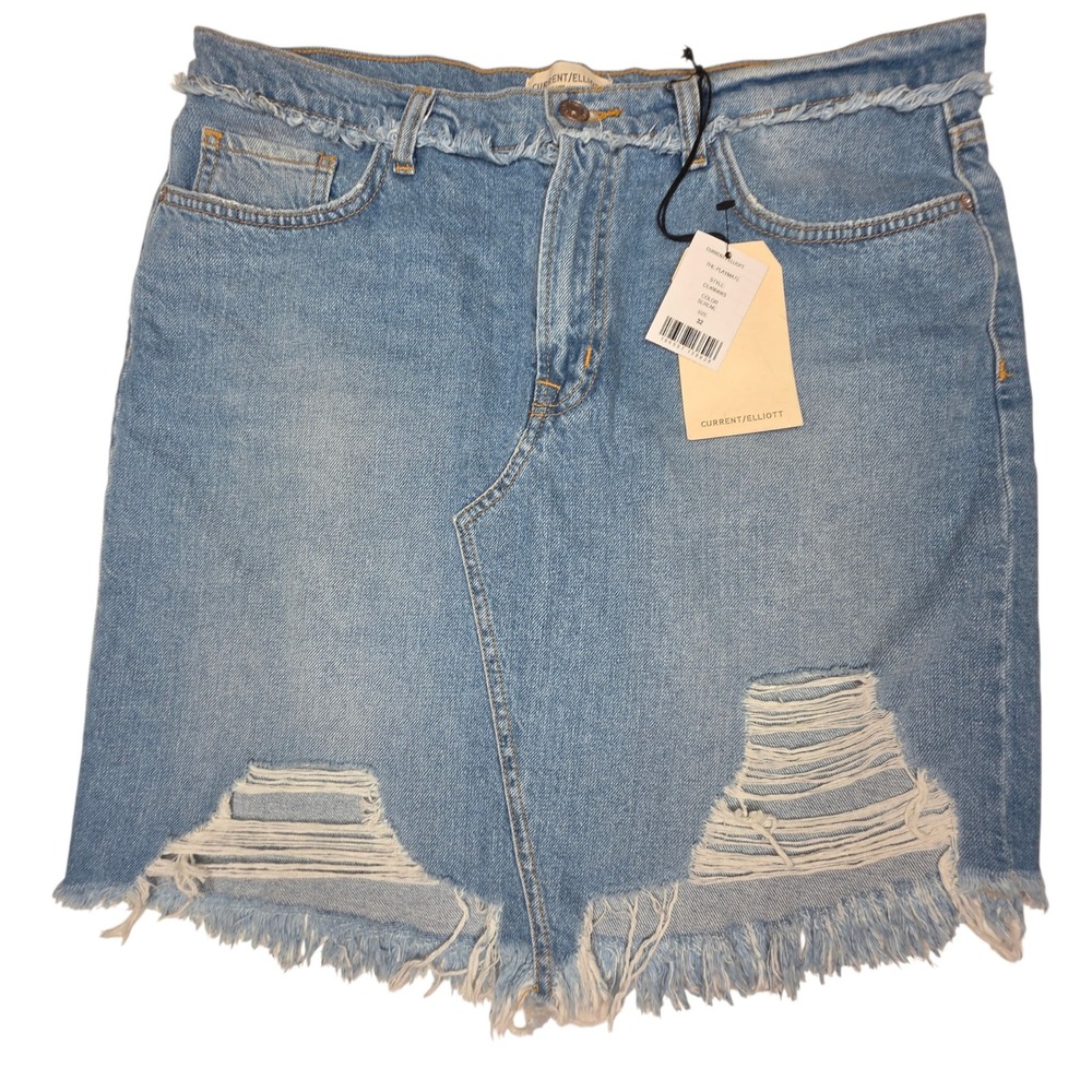 Current/Elliott‎ The Playmate Distressed Denim Mini Skirt Serene Blue 32 NWT